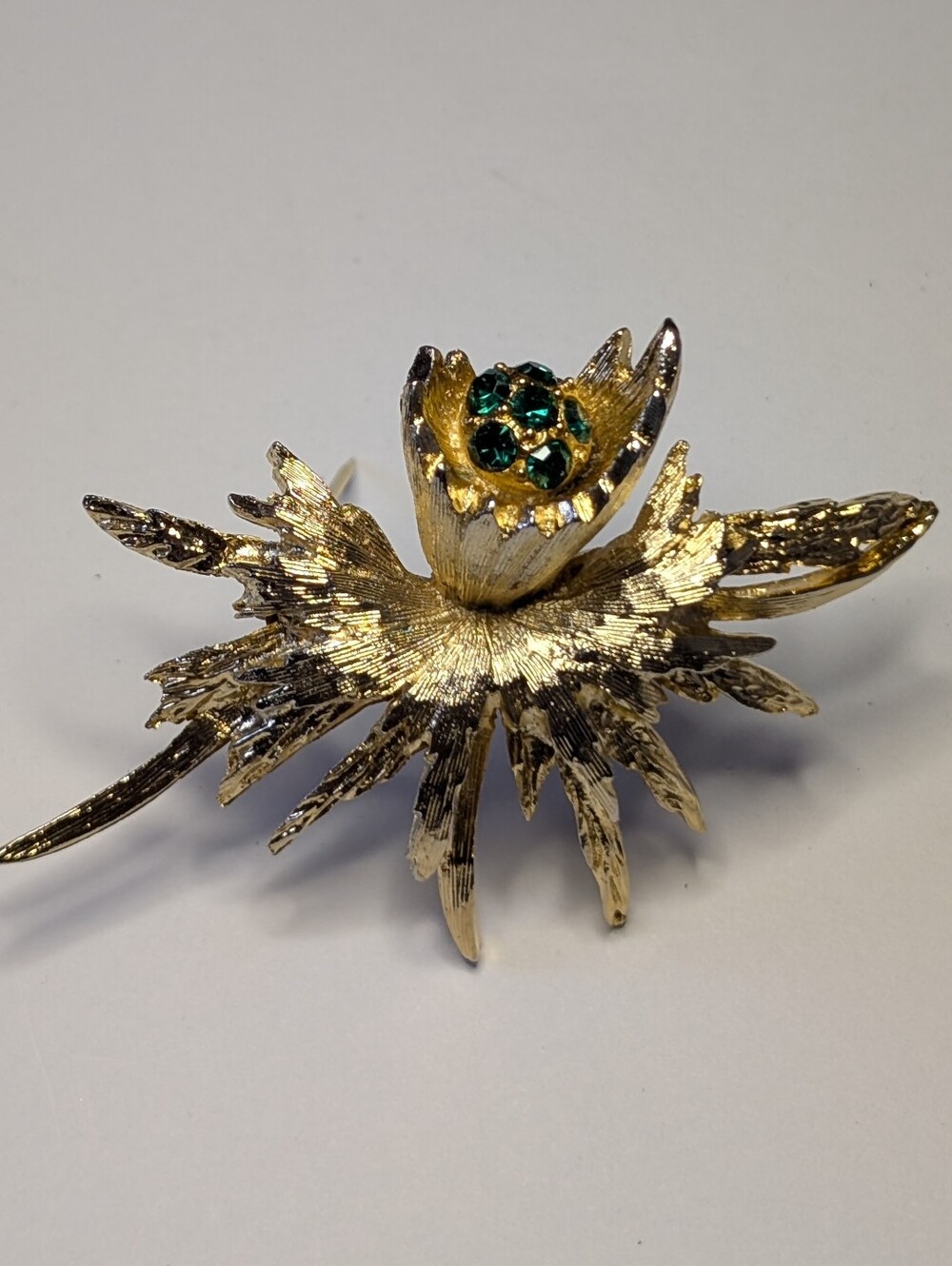 1960s Brutalist Flower Brooch Gold Tone Emerald Green Rhinestone Thistle Pin
